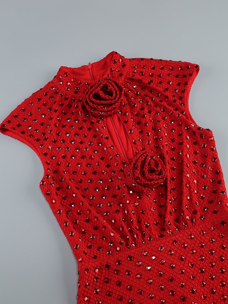 Red Beaded Halter Midi Dress H6668