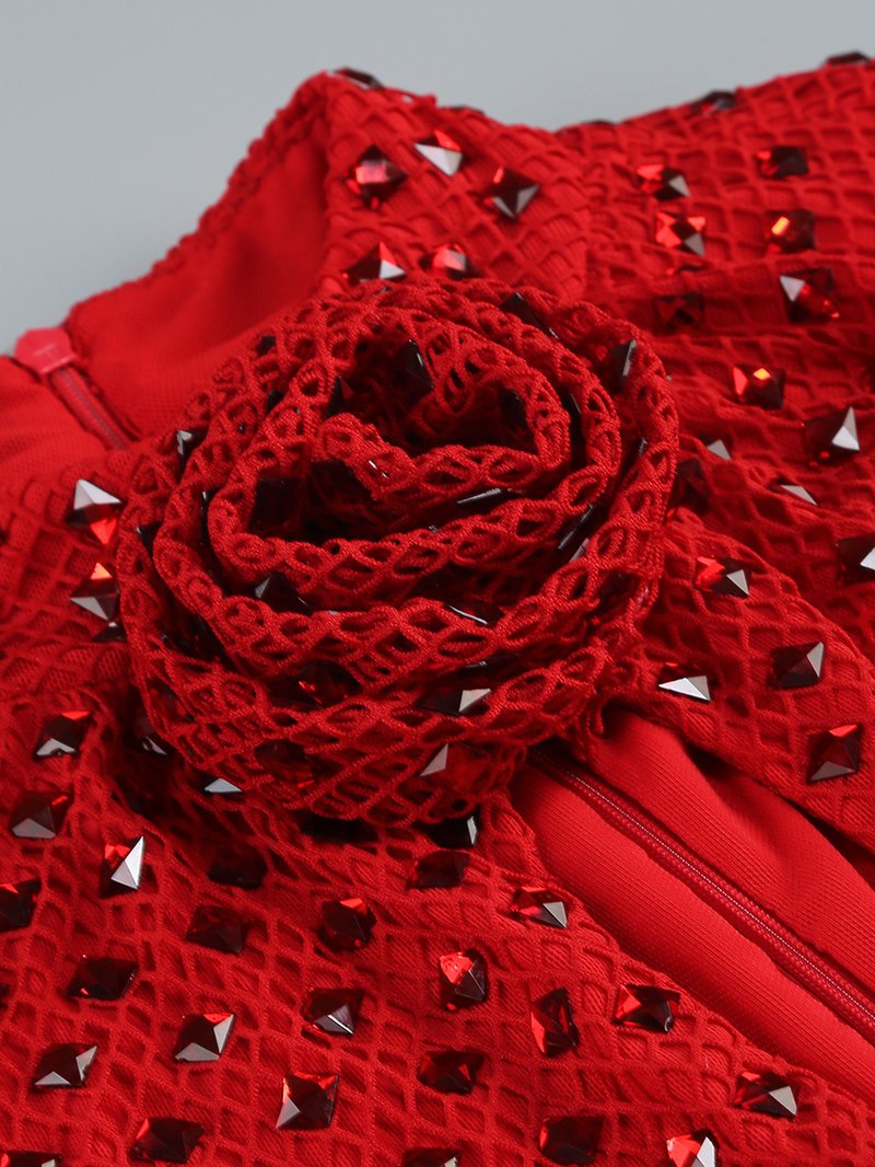 Red Beaded Halter Midi Dress H6668