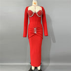 Red Beaded Long Sleeve Midi Dress H6645