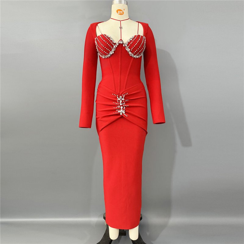 Red Beaded Long Sleeve Midi Dress H6645