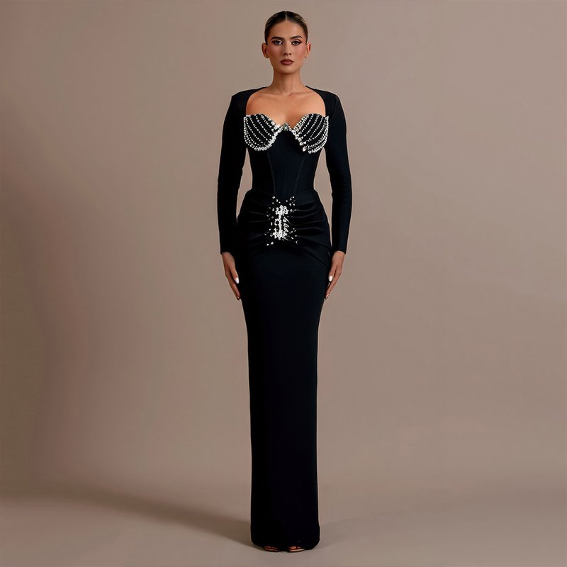 Red Beaded Long Sleeve Midi Dress H6645