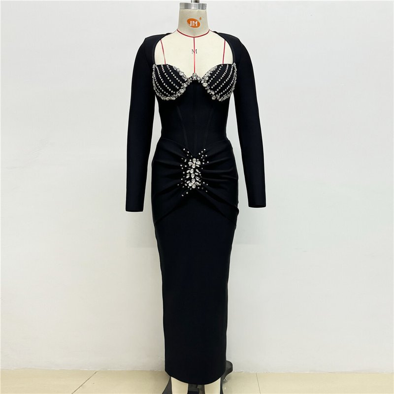 Red Beaded Long Sleeve Midi Dress H6645