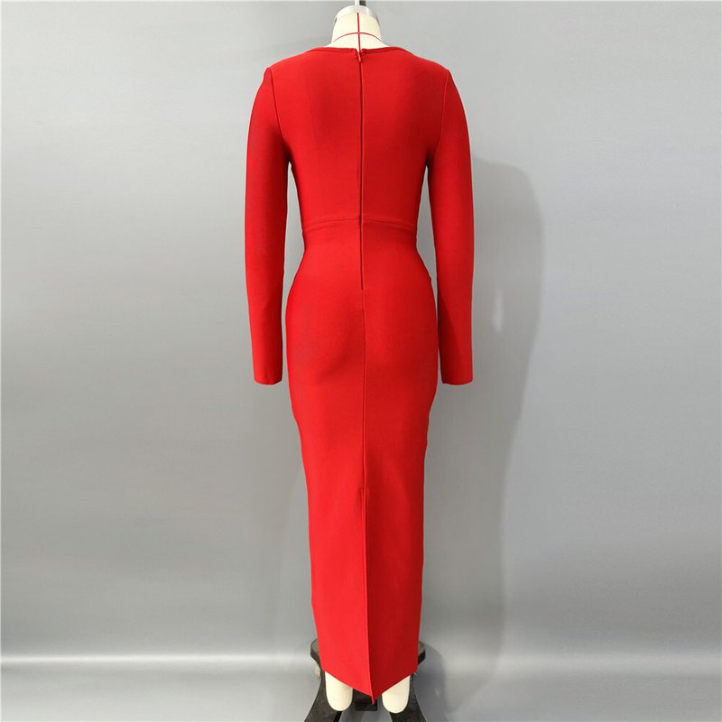 Red Beaded Long Sleeve Midi Dress H6645