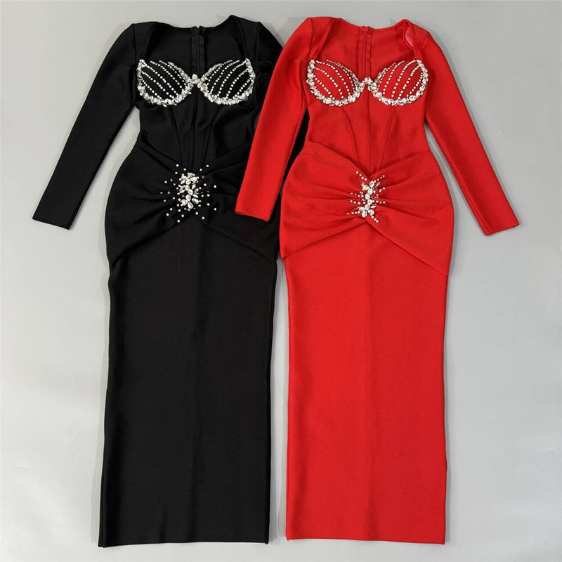 Red Beaded Long Sleeve Midi Dress H6645