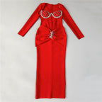 Red Beaded Long Sleeve Midi Dress H6645