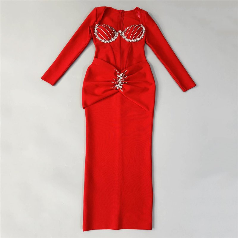 Red Beaded Long Sleeve Midi Dress H6645