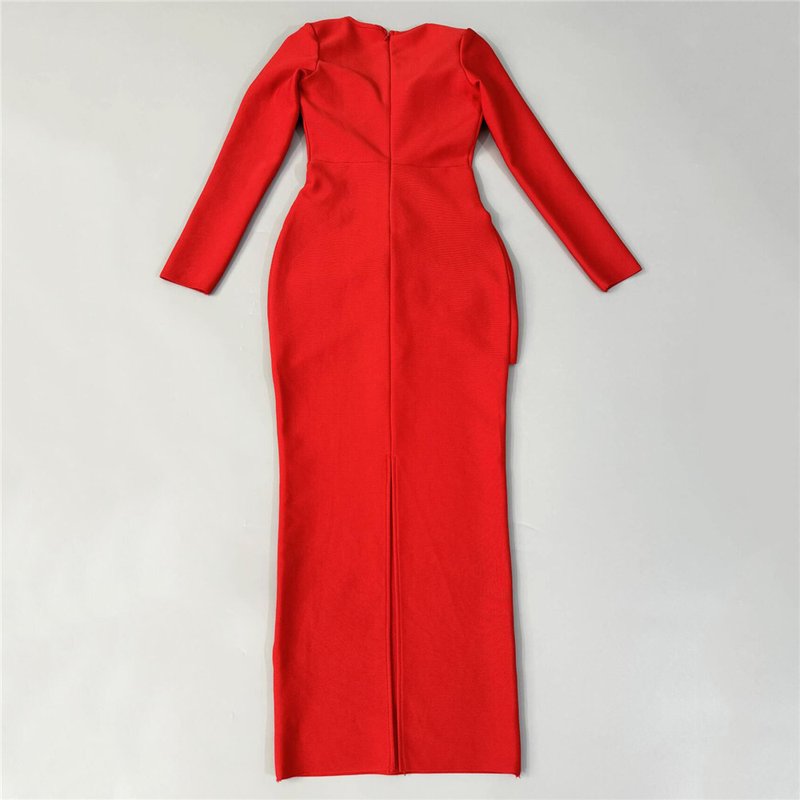 Red Beaded Long Sleeve Midi Dress H6645