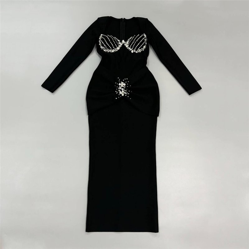 Red Beaded Long Sleeve Midi Dress H6645