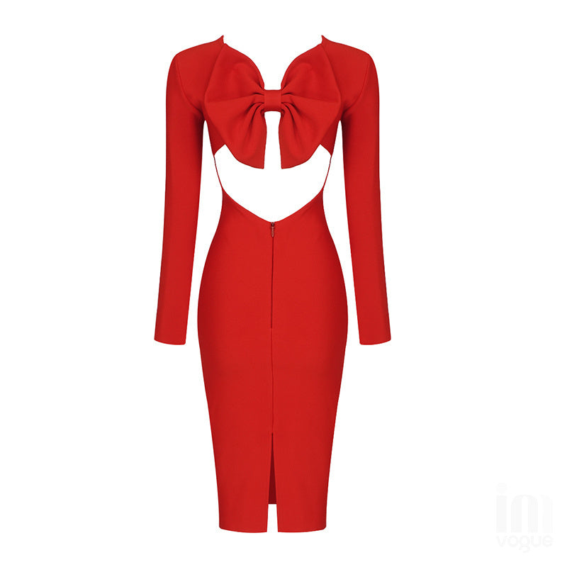 Red Bow Back Long Sleeve Dress H4226