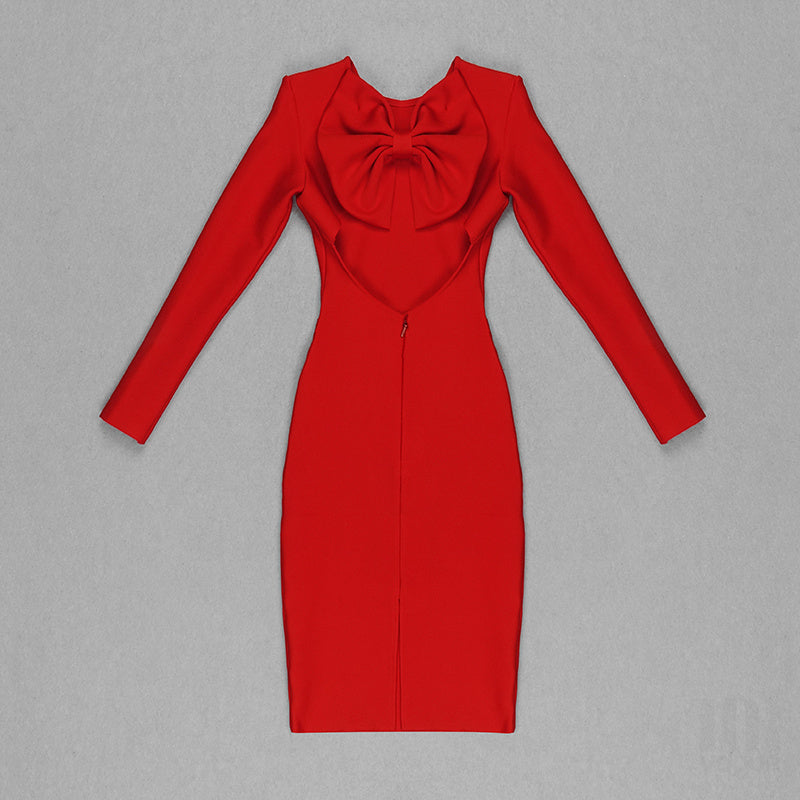 Red Bow Back Long Sleeve Dress H4226