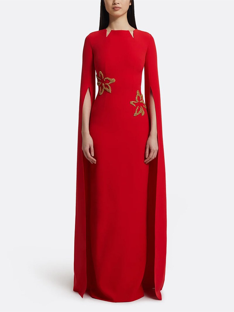 Red Cape Gown with Gold Floral Embellishments H6725