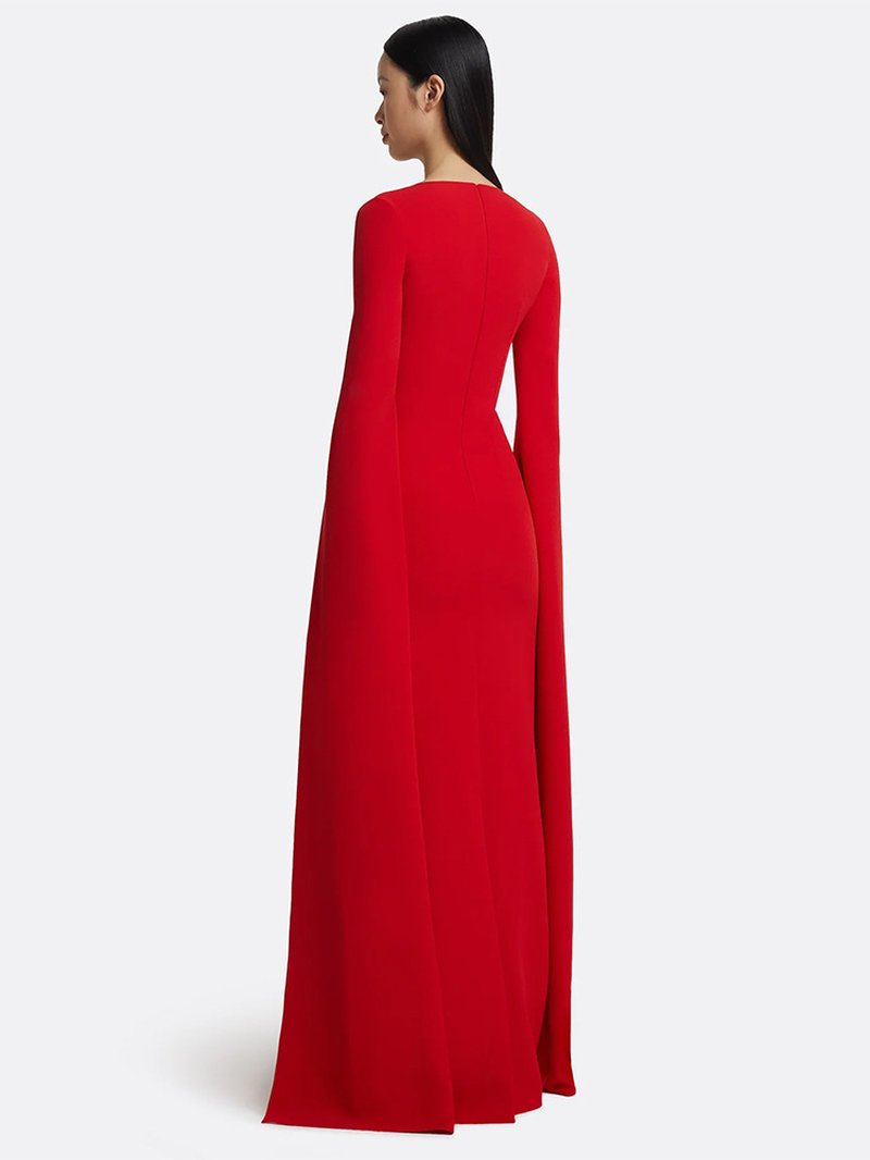 Red Cape Gown with Gold Floral Embellishments H6725