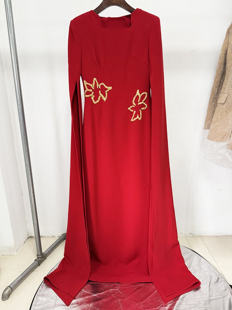 Red Cape Gown with Gold Floral Embellishments H6725