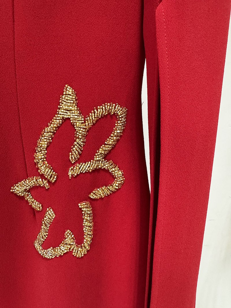 Red Cape Gown with Gold Floral Embellishments H6725
