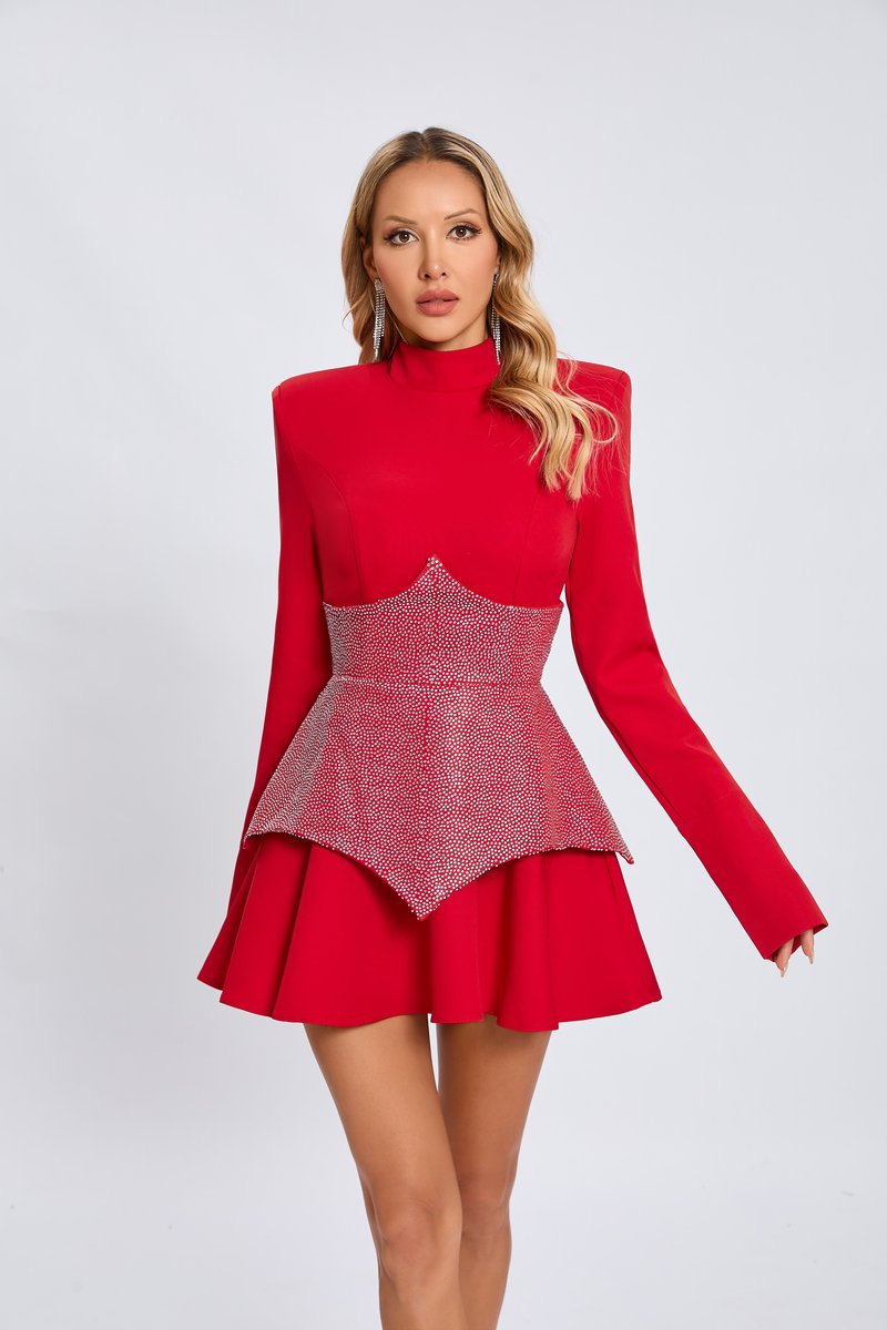 Red Crystal Peplum Mini Dress H6558