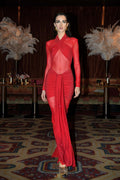 Red Cutout Sheer Long Sleeve Gown H6563