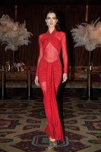 Red Cutout Sheer Long Sleeve Gown H6563