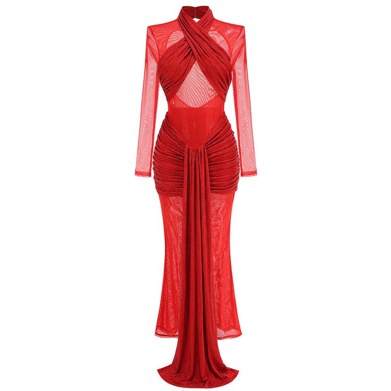 Red Cutout Sheer Long Sleeve Gown H6563