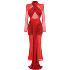 Red Cutout Sheer Long Sleeve Gown H6563