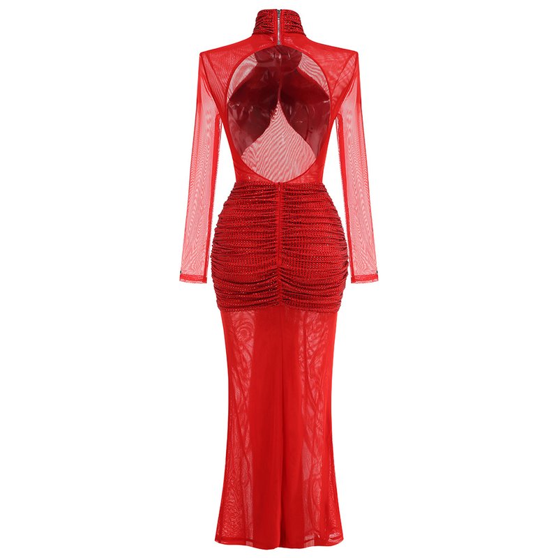 Red Cutout Sheer Long Sleeve Gown H6563
