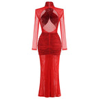 Red Cutout Sheer Long Sleeve Gown H6563