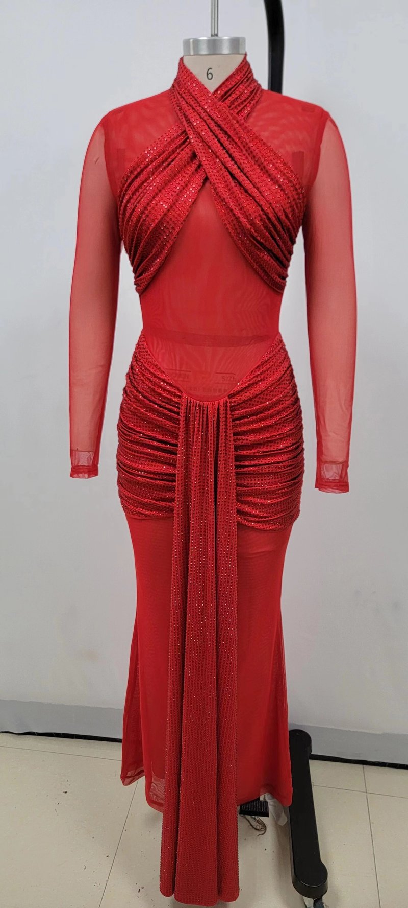 Red Cutout Sheer Long Sleeve Gown H6563
