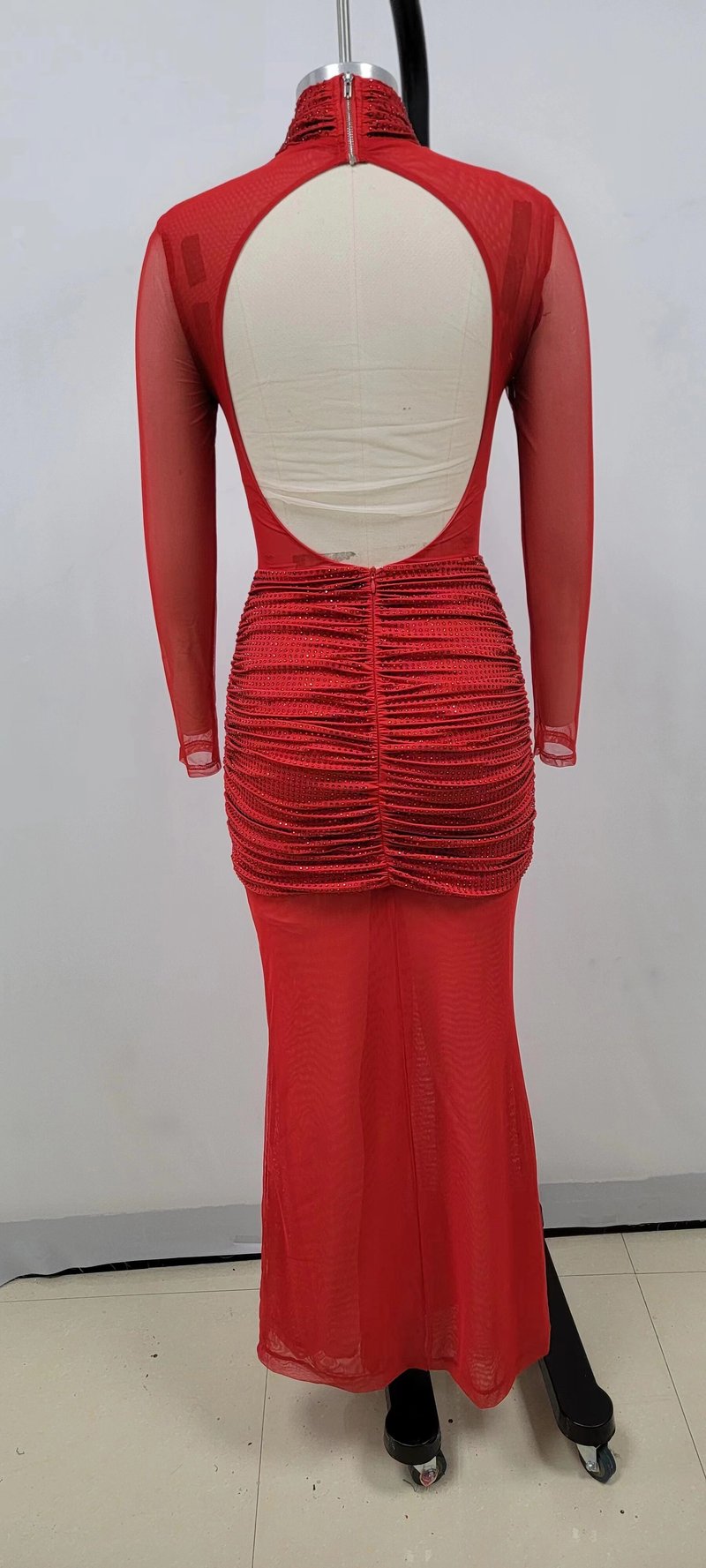 Red Cutout Sheer Long Sleeve Gown H6563