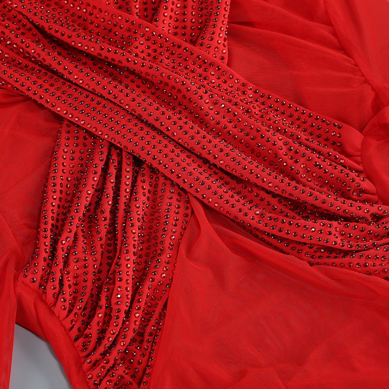Red Cutout Sheer Long Sleeve Gown H6563