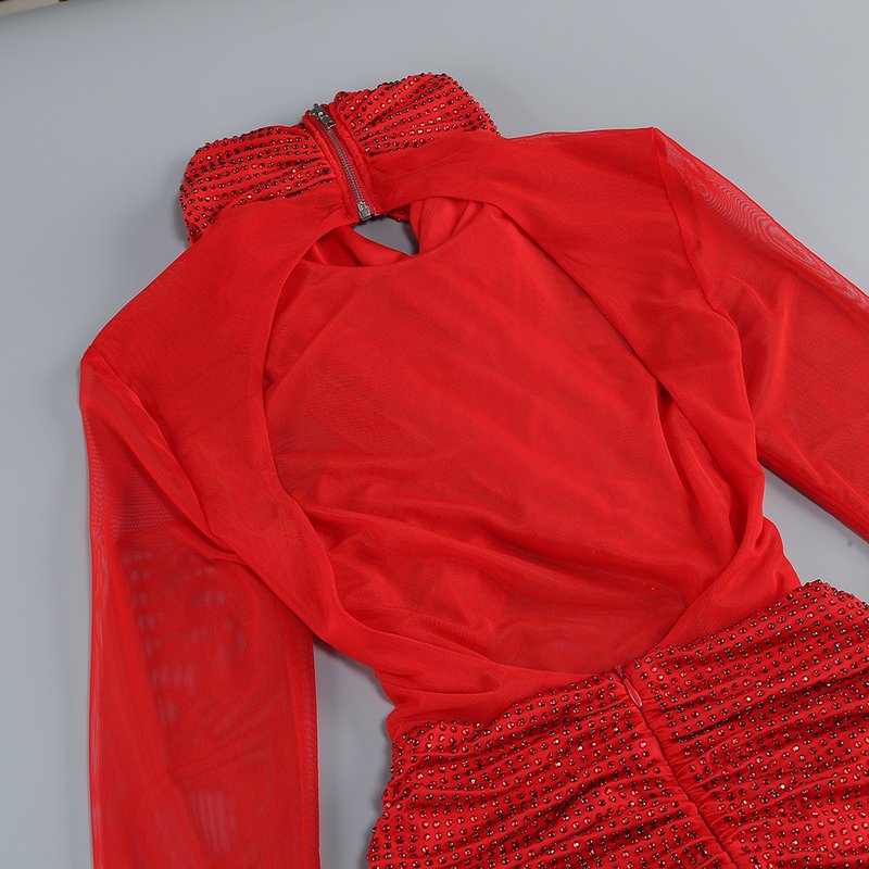 Red Cutout Sheer Long Sleeve Gown H6563