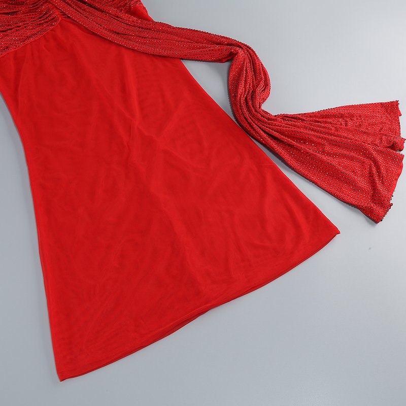 Red Cutout Sheer Long Sleeve Gown H6563
