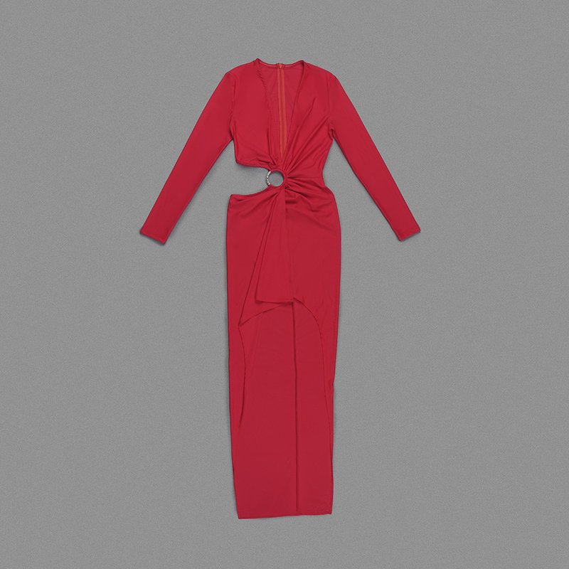 Red Cutout V-Neck Bodycon Dress H6045