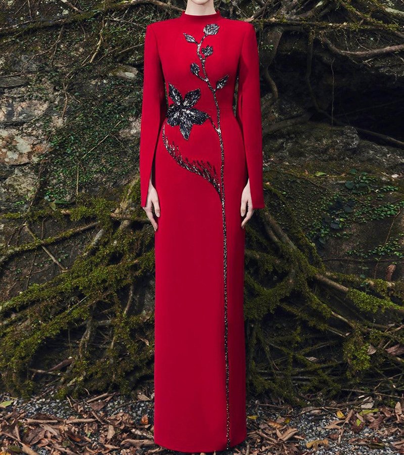 Red Embellished Floral Maxi Dress H7054