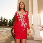 Red Embellished Long Sleeve Bodycon Dress H6266