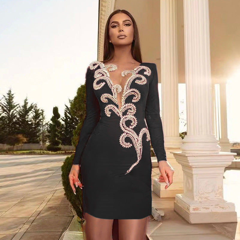Red Embellished Long Sleeve Bodycon Dress H6266