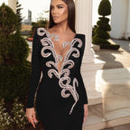 Red Embellished Long Sleeve Bodycon Dress H6266