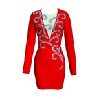 Red Embellished Long Sleeve Bodycon Dress H6266