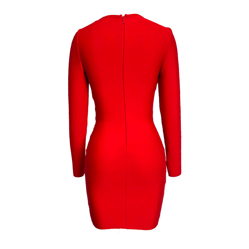 Red Embellished Long Sleeve Bodycon Dress H6266