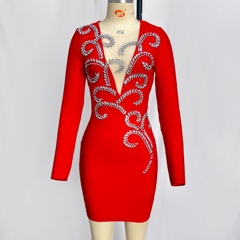Red Embellished Long Sleeve Bodycon Dress H6266