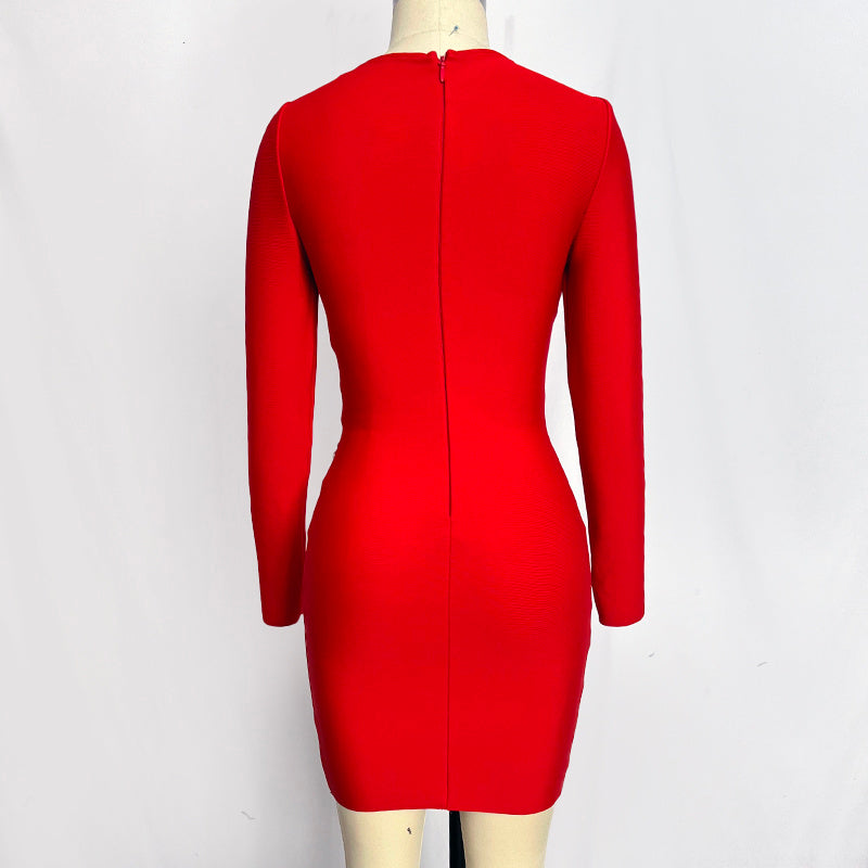 Red Embellished Long Sleeve Bodycon Dress H6266