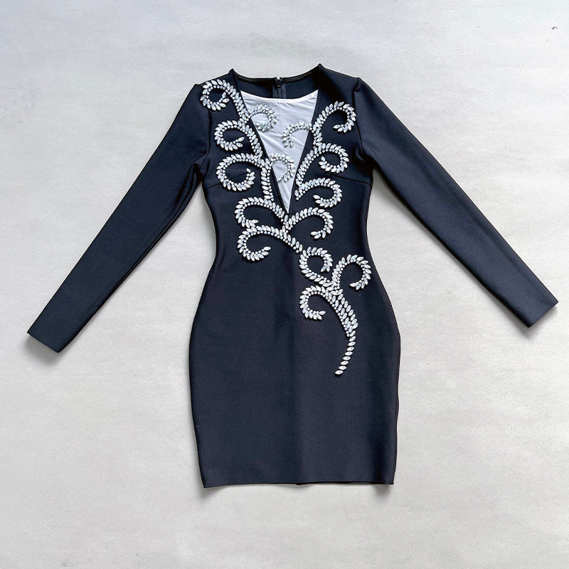 Red Embellished Long Sleeve Bodycon Dress H6266
