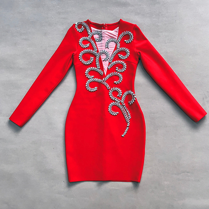 Red Embellished Long Sleeve Bodycon Dress H6266