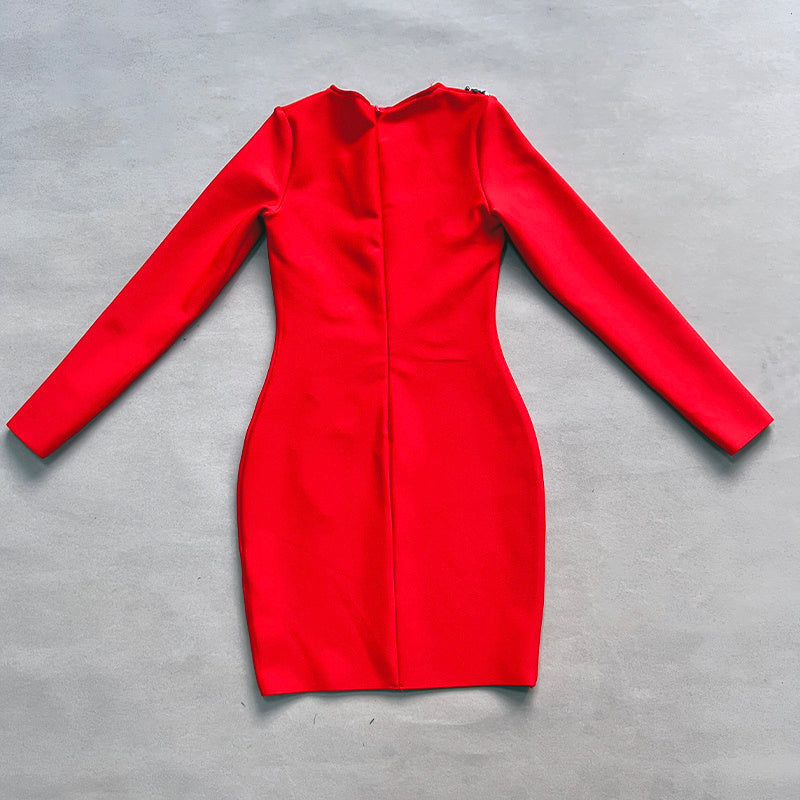 Red Embellished Long Sleeve Bodycon Dress H6266