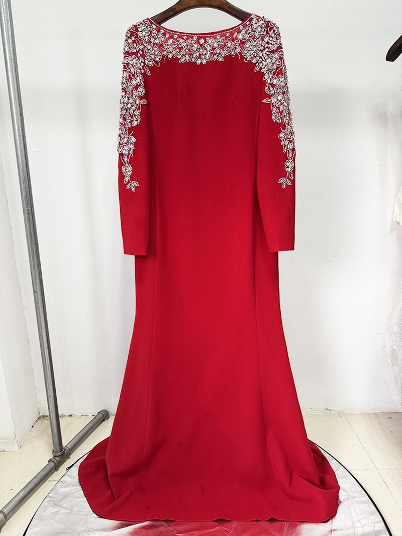 Red Embellished Long Sleeve Maxi Dress H6726