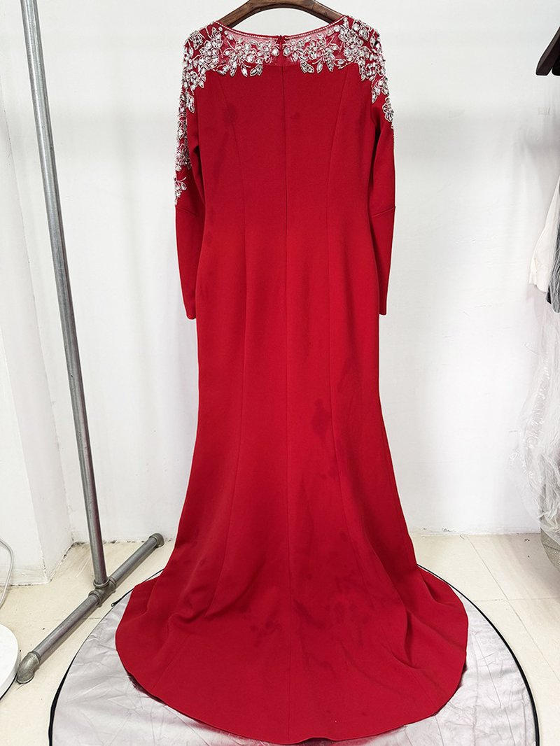 Red Embellished Long Sleeve Maxi Dress H6726
