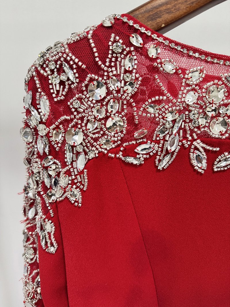 Red Embellished Long Sleeve Maxi Dress H6726