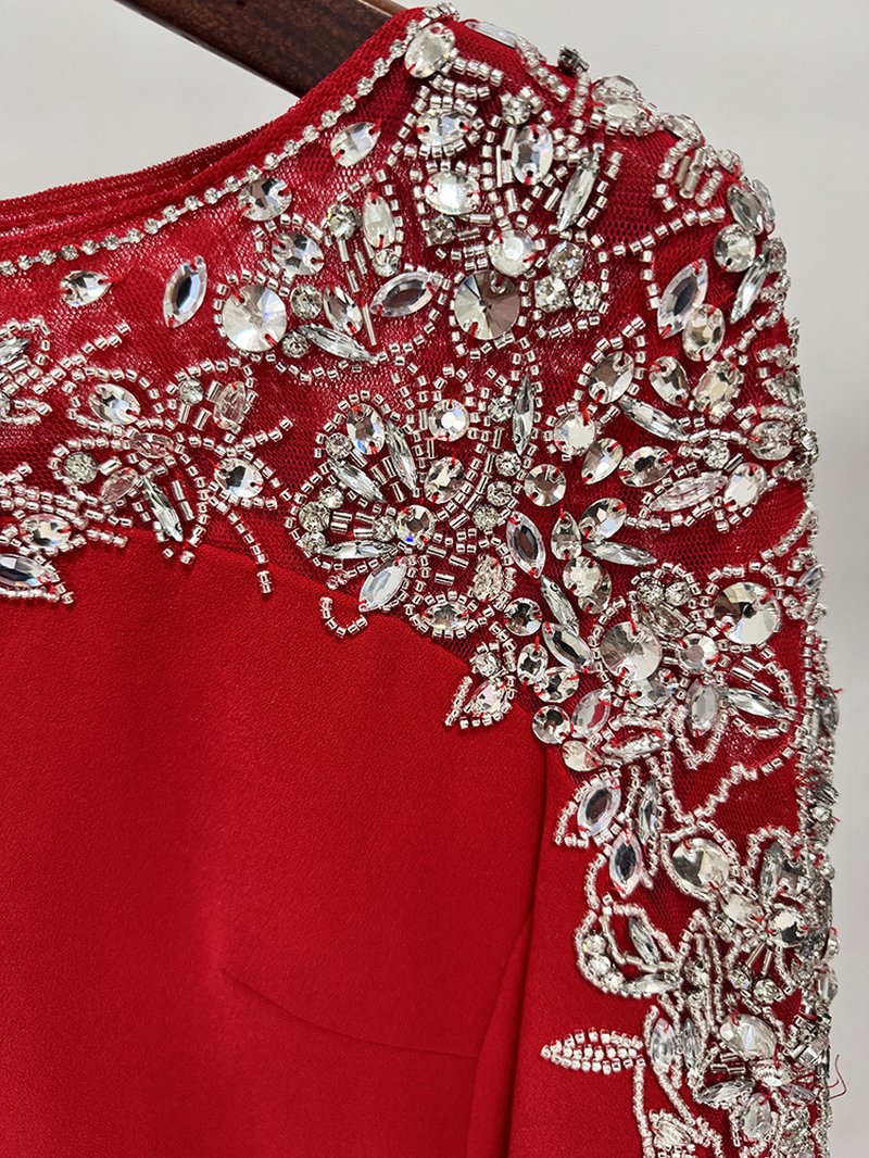 Red Embellished Long Sleeve Maxi Dress H6726