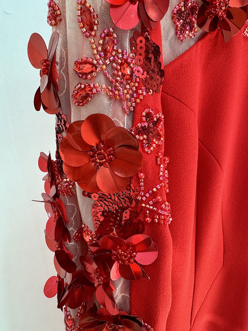 Red Embellished Off-Shoulder Gown H6659