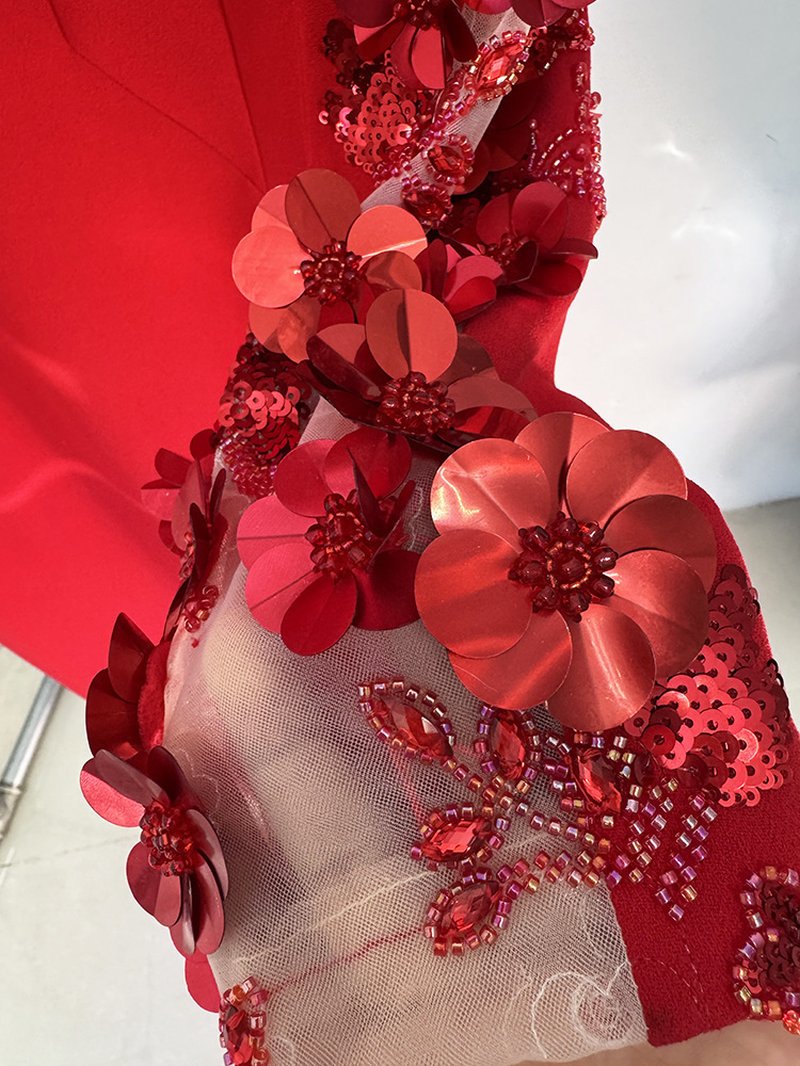 Red Embellished Off-Shoulder Gown H6659