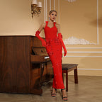 Red Floral Embroidered Halter Gown H6870