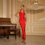 Red Floral Embroidered Halter Gown H6870